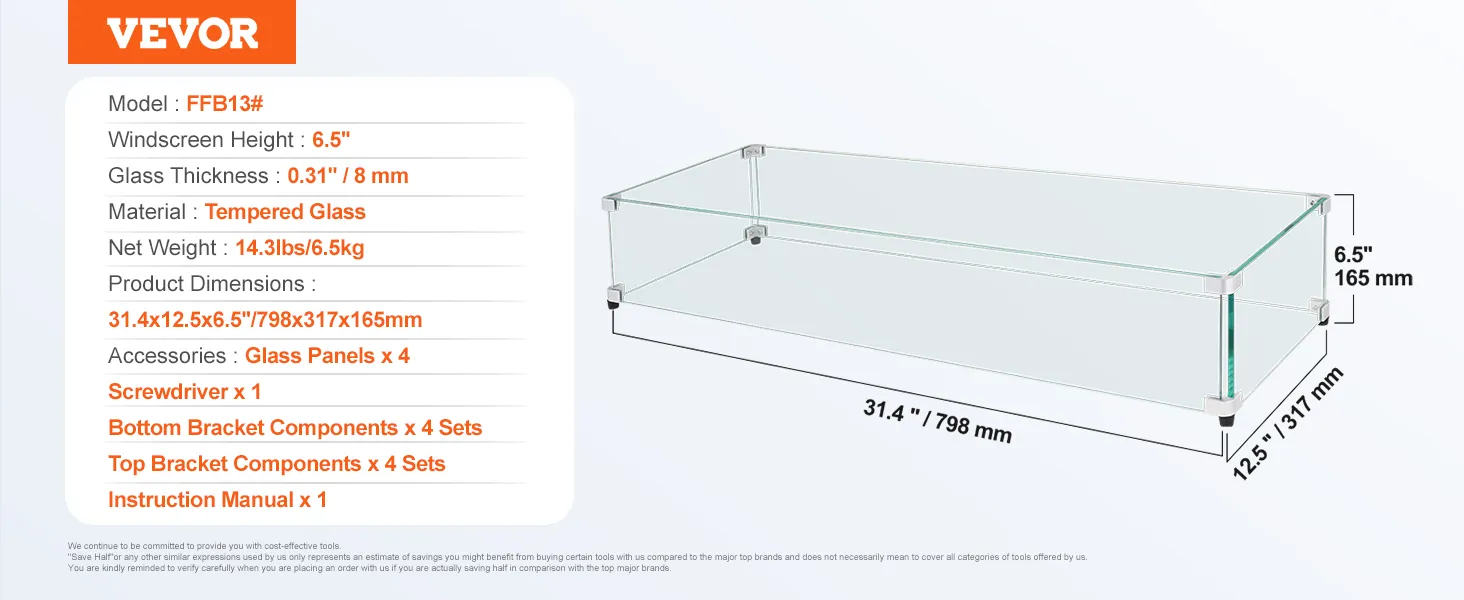 VEVOR glass wind guard with tempered glass, dimensions 31.4"x12.5"x6.5", 6.5" height, 0.31" thickness.