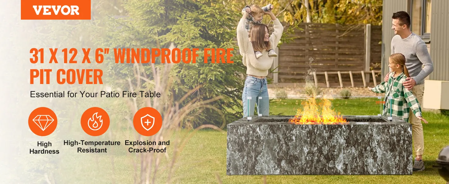 VEVOR glass wind guard for 31"x12"x6" fire pit cover used to protect patio fire tables.