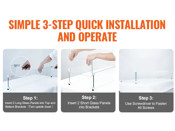 simple 3-step installation guide for VEVOR glass wind guard: insert glass panels into brackets and fasten screws.