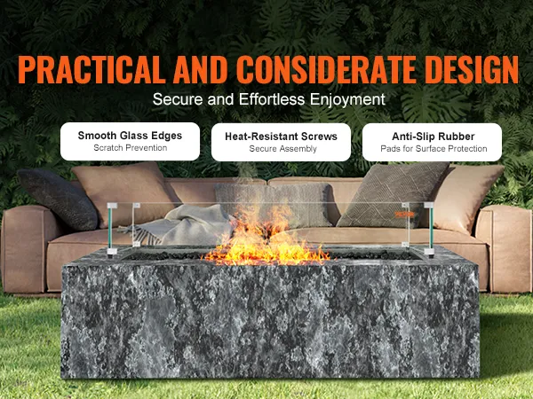 outdoor patio with VEVOR glass wind guard on stone fire pit, lush greenery, and cozy seating.