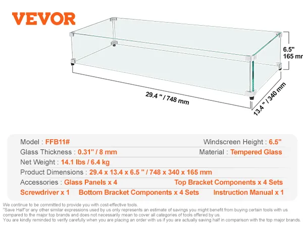 Maße des VEVOR-Windschutzes aus Glas: 29,4 x 13,4 x 6,5 Zoll. Aus 0,31 Zoll gehärtetem Glas.