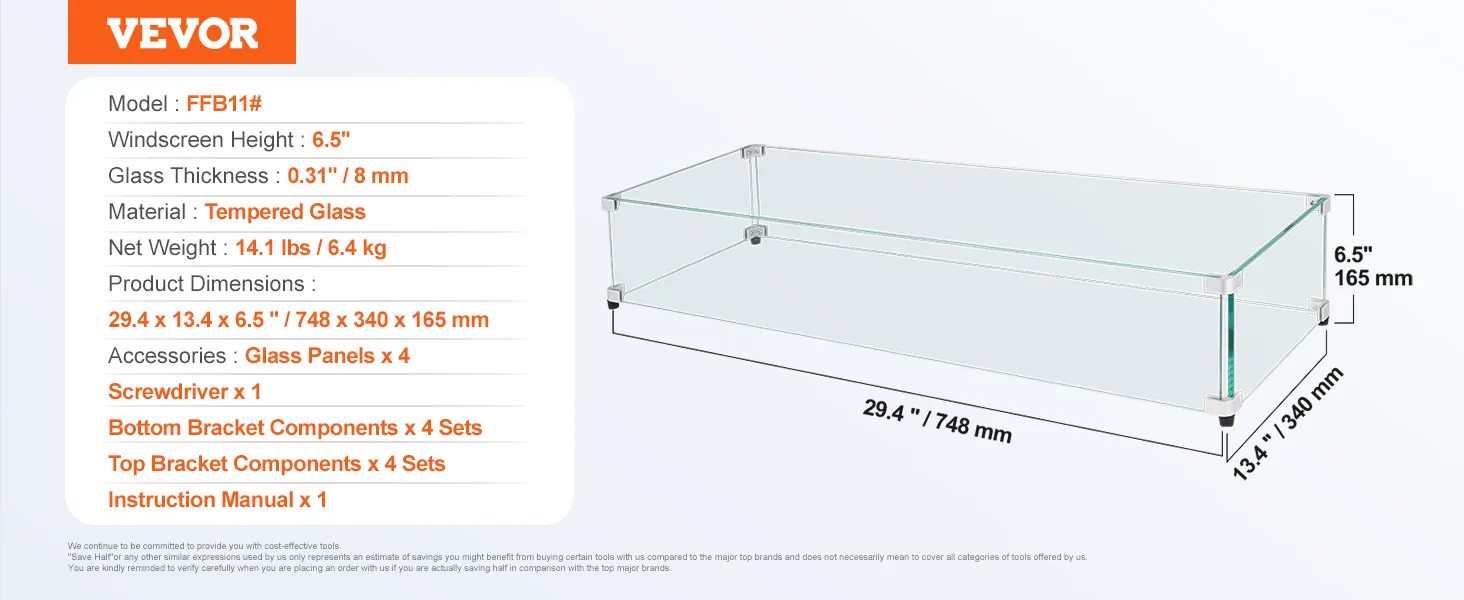 Maße des VEVOR-Windschutzes aus Glas: 29,4 x 13,4 x 6,5 Zoll. Aus 0,31 Zoll gehärtetem Glas.