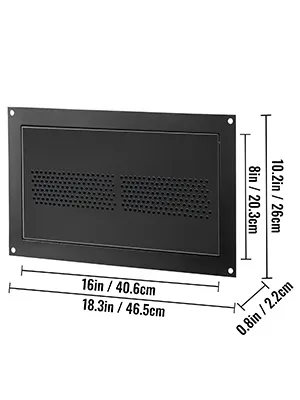 black VEVOR flood vent with dimensions in inches and centimeters noted.