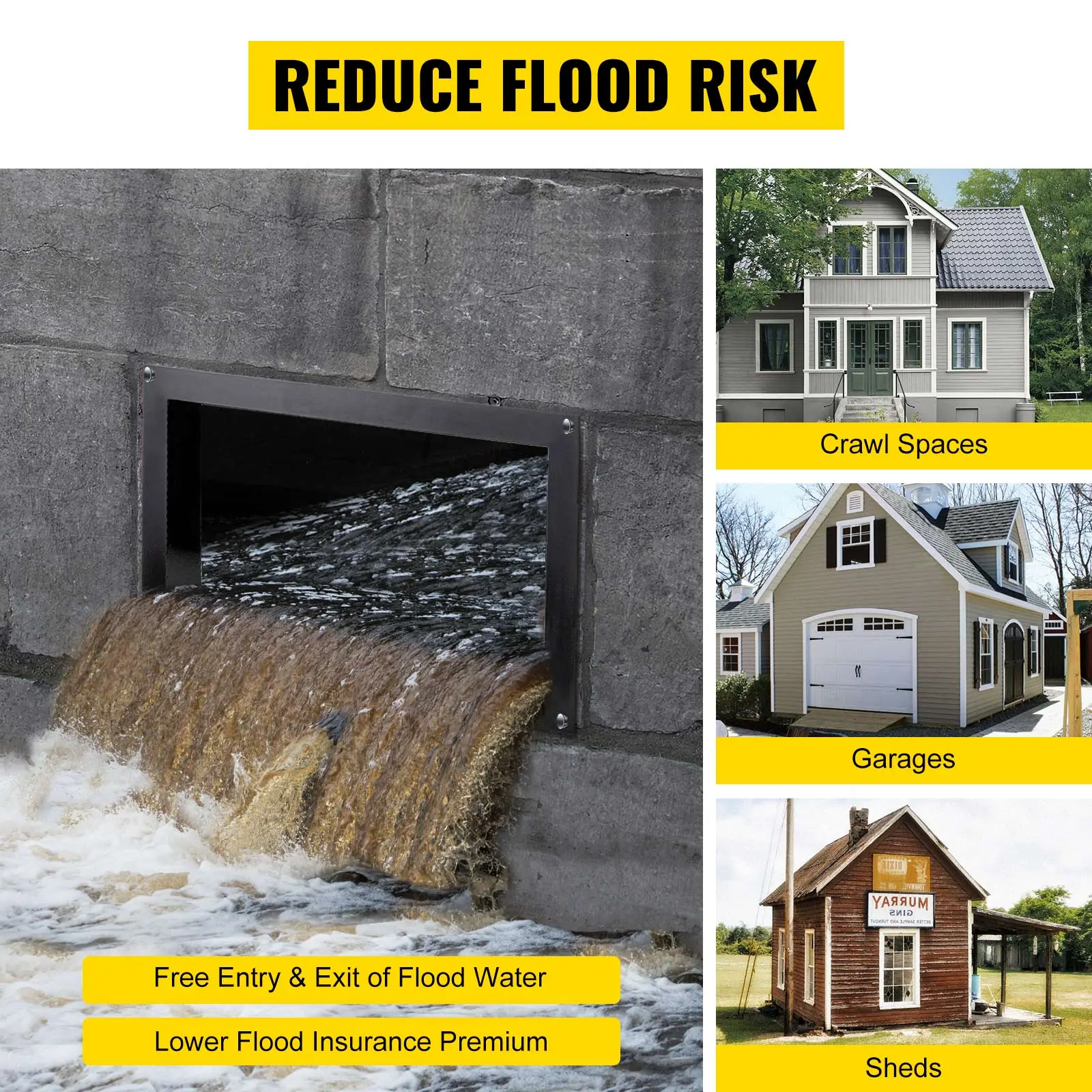VEVOR flood vent for flood risk reduction in crawl spaces, garages, and sheds.