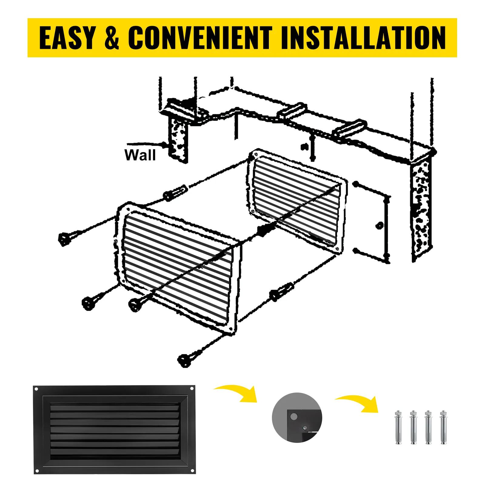 VEVOR flood vent installation diagram with parts and hardware showcased.