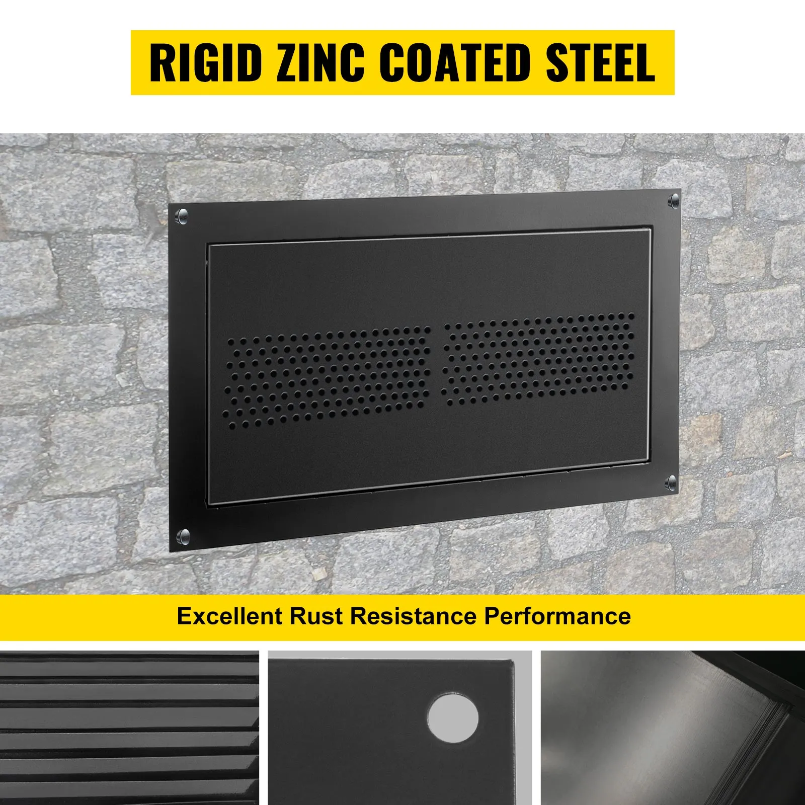 VEVOR flood vent in rigid zinc-coated steel for superior rust resistance on stone wall.