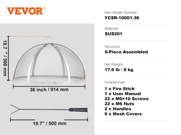 VEVOR firepit cover, 36 inches, sus201 material, 6-piece assembled, with accessories and dimensions.