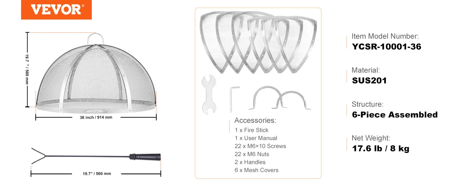 VEVOR firepit cover, 36 inches, sus201 material, 6-piece assembled, with accessories and dimensions.