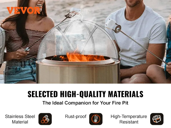 VEVOR firepit cover in use on the beach with friends, showcasing stainless steel material and durability.