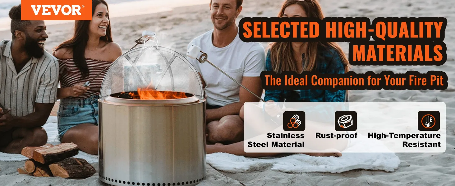 VEVOR firepit cover in use on the beach with friends, showcasing stainless steel material and durability.