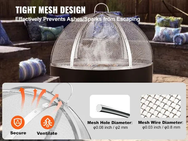 VEVOR firepit cover with tight mesh design prevents ashes and sparks, ensuring secure ventilation.