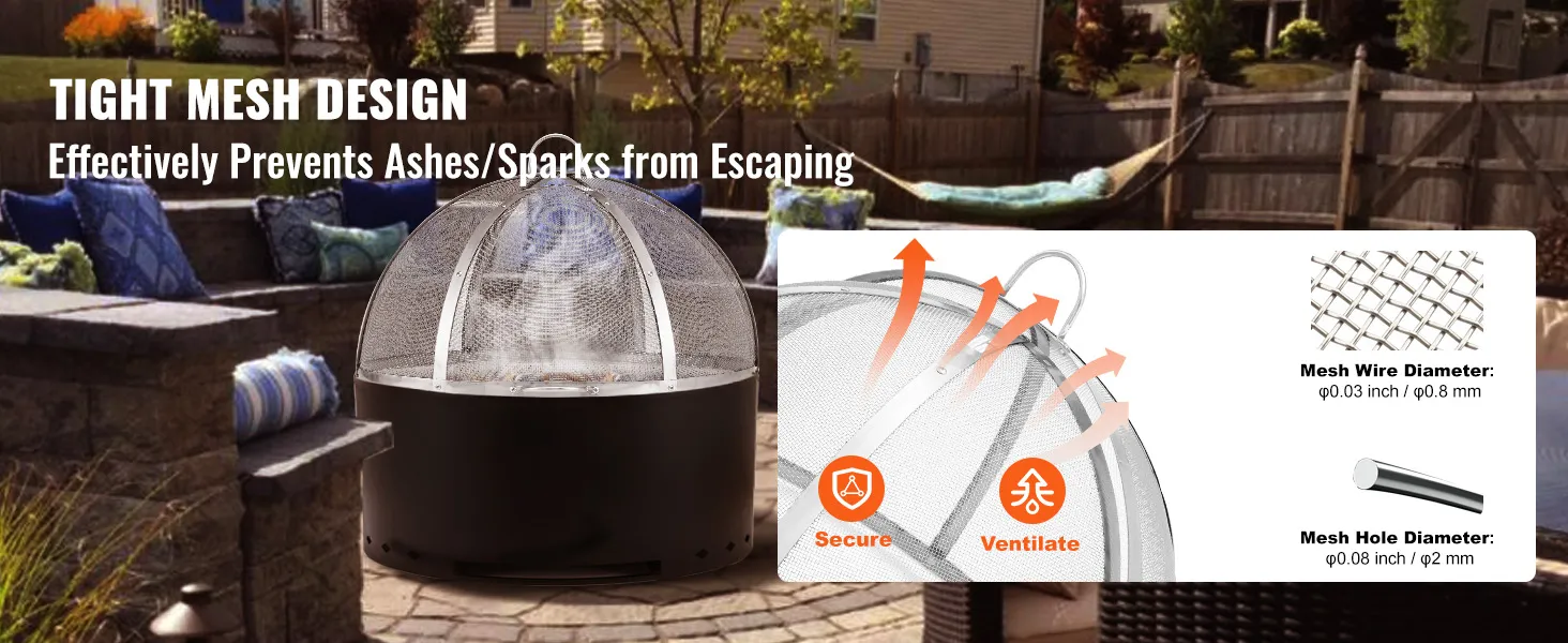 VEVOR firepit cover with tight mesh design prevents ashes and sparks, ensuring secure ventilation.
