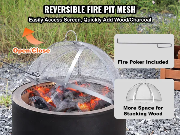 VEVOR firepit cover in use with open/close mesh screen, burning wood, and included fire poker in outdoor setting.