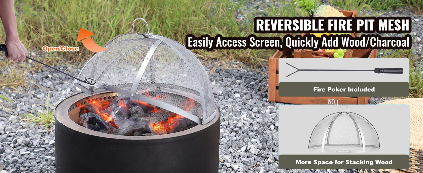 VEVOR firepit cover in use with open/close mesh screen, burning wood, and included fire poker in outdoor setting.