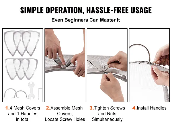 simple steps for assembling VEVOR firepit cover: mesh covers, align screws, tighten, and install handles.