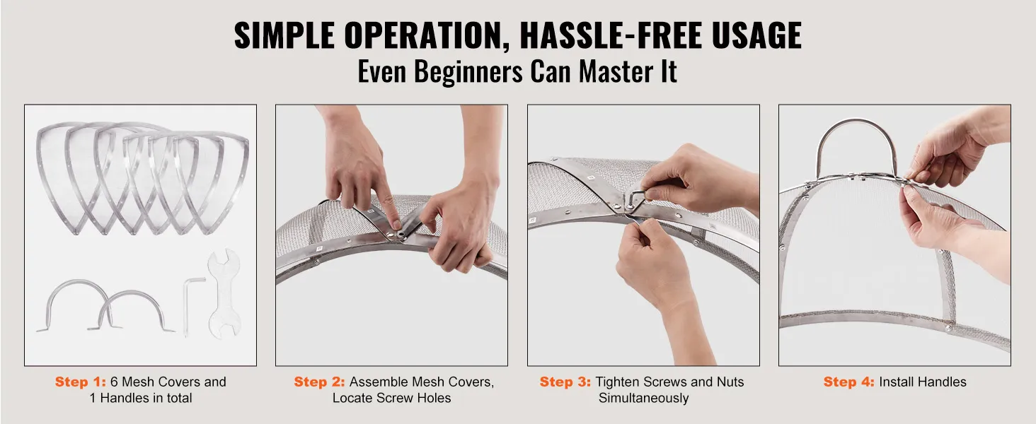 simple steps for assembling VEVOR firepit cover: mesh covers, align screws, tighten, and install handles.