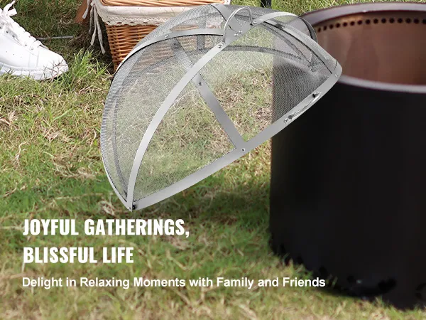 VEVOR firepit spark screen with family enjoying outdoor picnic, green grass, and relaxing atmosphere.