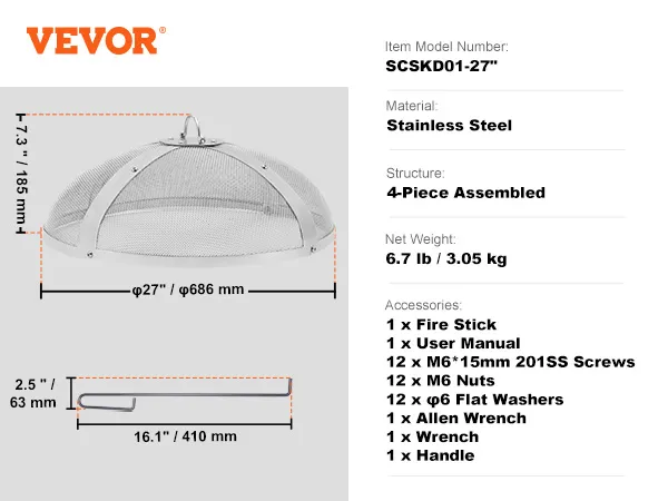 VEVOR fire pit spark screen, 27-inch stainless steel, with accessories and dimensions detailed.