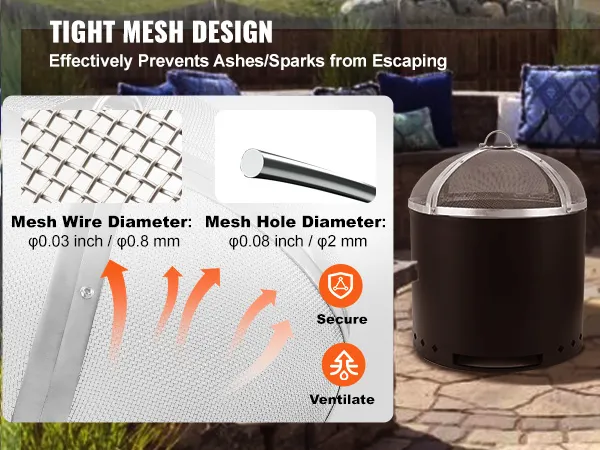 VEVOR fire pit spark screen with tight mesh design to prevent ashes and sparks from escaping.