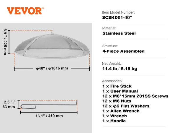 VEVOR fire pit screen, stainless steel, 40-inch, with assembly parts, dimensions, and accessories listed.