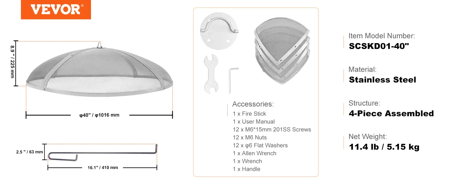 VEVOR fire pit screen, stainless steel, 40-inch, with assembly parts, dimensions, and accessories listed.