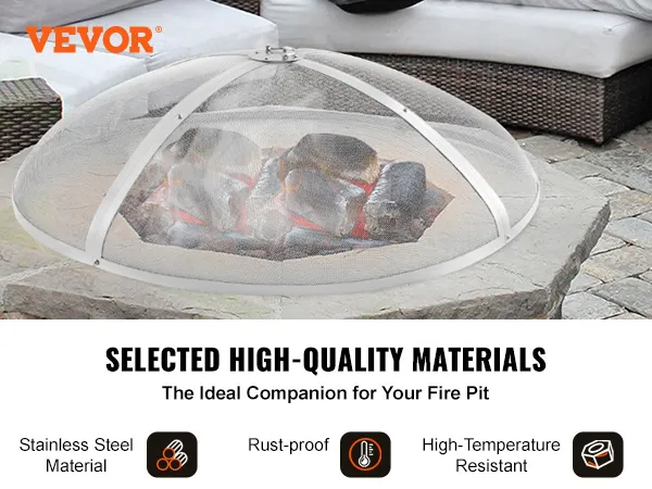 VEVOR fire pit screen on stone fire pit surrounded by outdoor seating. features stainless steel, rust-proof, high-temperature resistant.