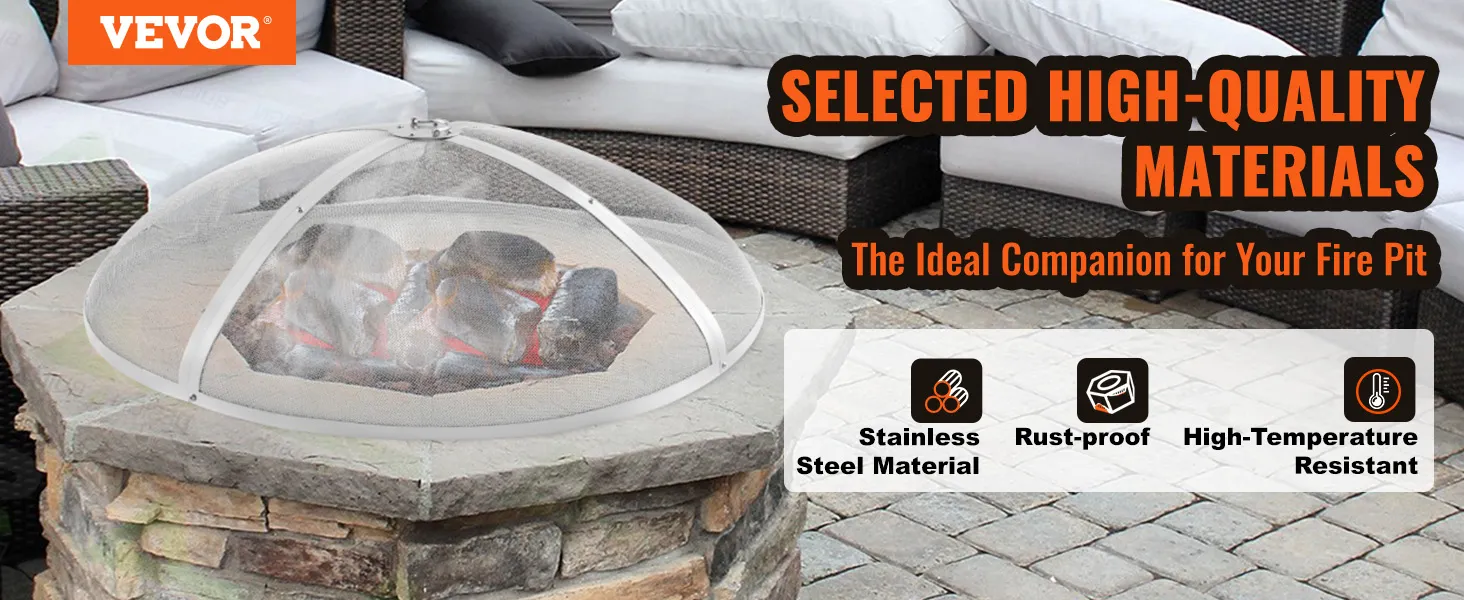 VEVOR fire pit screen on stone fire pit surrounded by outdoor seating. features stainless steel, rust-proof, high-temperature resistant.