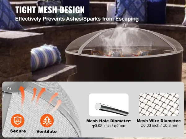 VEVOR fire pit screen in a backyard with tight mesh design to prevent ash and sparks from escaping.