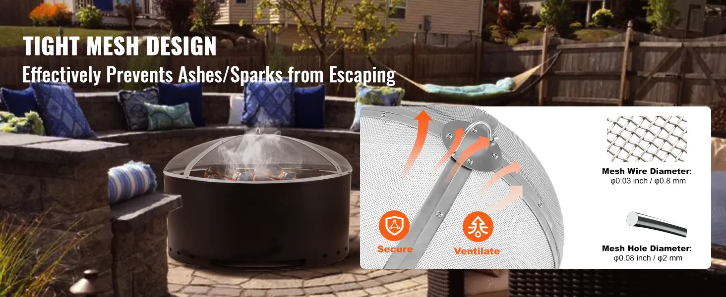 VEVOR fire pit screen in a backyard with tight mesh design to prevent ash and sparks from escaping.