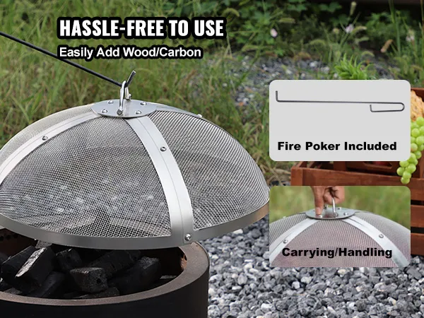 VEVOR fire pit screen with carrying handle and fire poker included for easy wood and carbon addition.