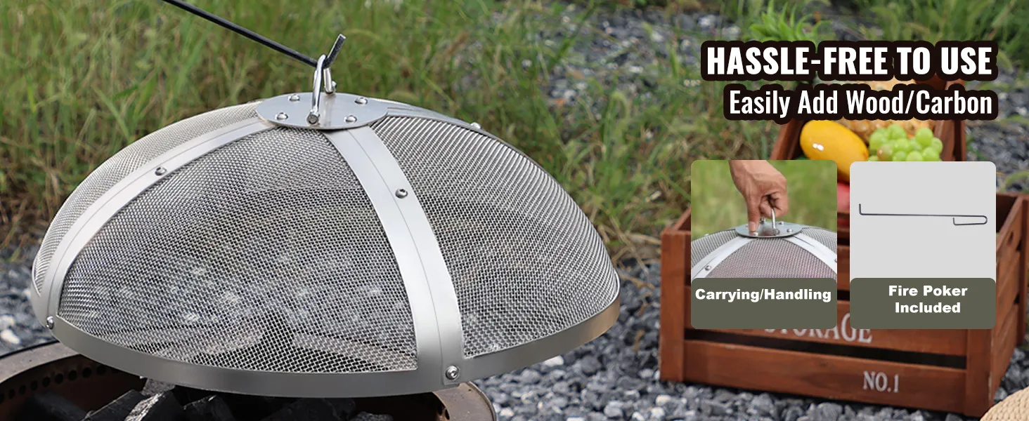 VEVOR fire pit screen with carrying handle and fire poker included for easy wood and carbon addition.