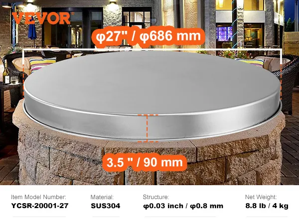 VEVOR fire pit cover on a stone fire pit in a stylish outdoor patio, with product dimensions and specs.