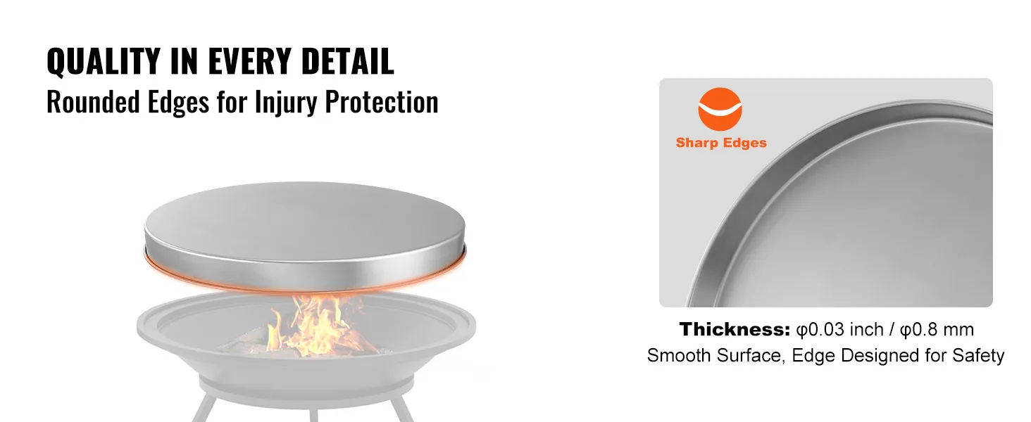 VEVOR fire pit cover with rounded edges for safety, highlighting smooth surface and 0.8 mm thickness.