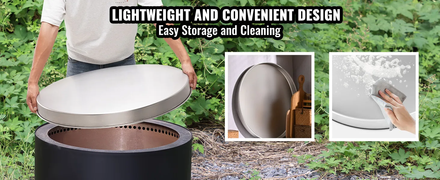 man placing VEVOR fire pit cover on pit, with features of easy storage and cleaning highlighted.