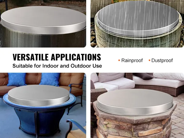 VEVOR fire pit cover in various settings, highlighting its rainproof and dustproof features.
