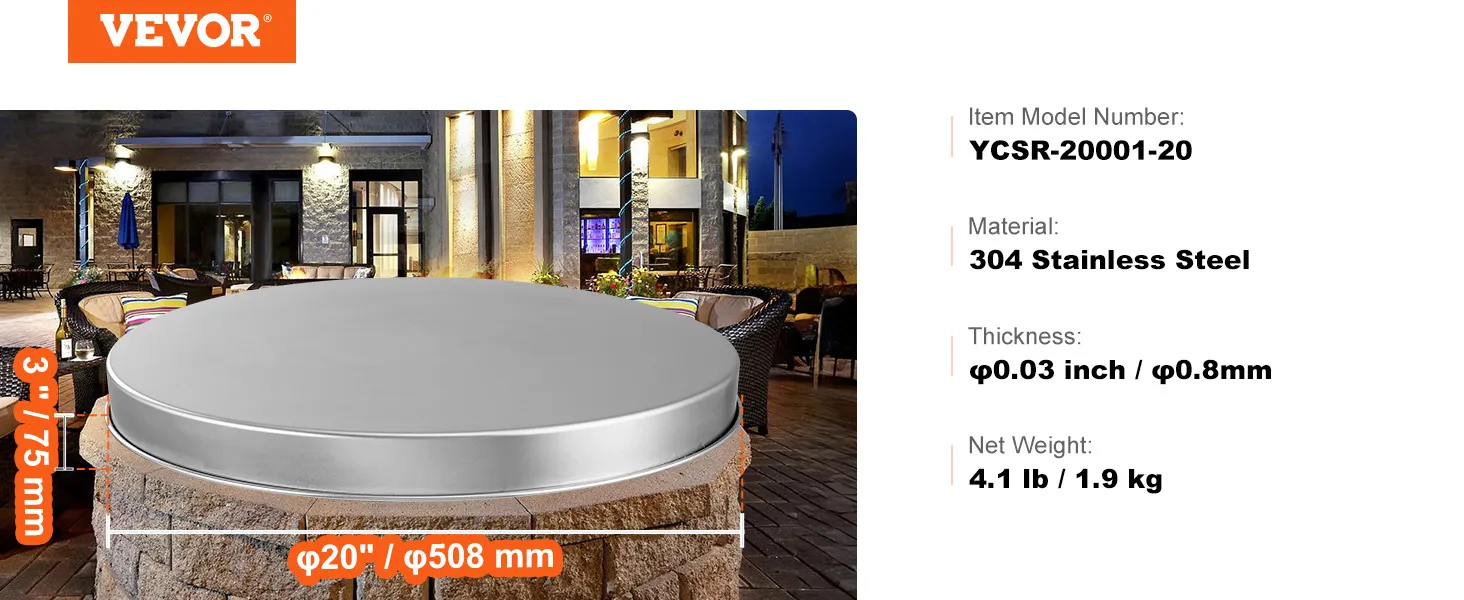 VEVOR Feuerstellenabdeckung, 20 Zoll Durchmesser, 3 Zoll Höhe, Edelstahl 304, Hintergrund für die Außenterrasse.