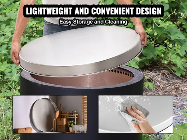 Person, die die VEVOR-Feuerstellenabdeckung, das leichte Design, die einfache Reinigung und die Aufbewahrungsmöglichkeiten vorführt.