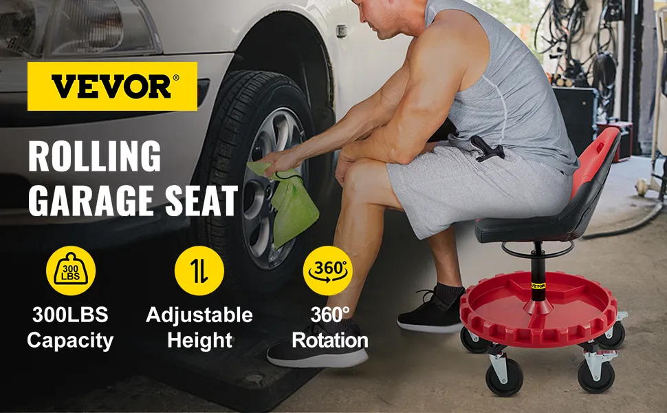 VEVOR rolling gear seat with 300lb capacity, adjustable height, and 360° rotation.