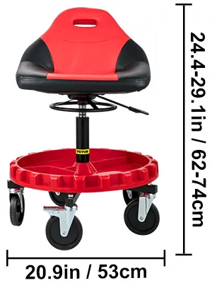 VEVOR rolling gear seat with red cushion and adjustable height, 62-74cm wheels