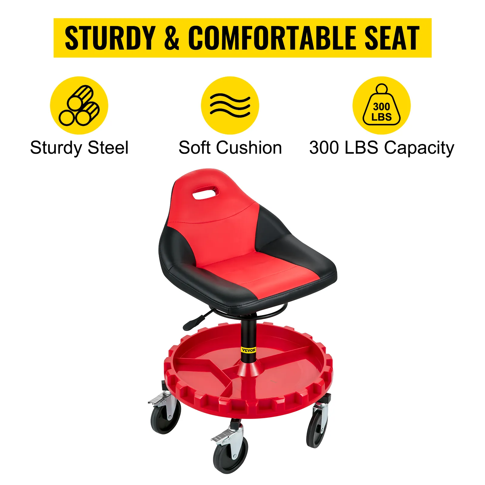 VEVOR rolling gear seat with soft cushion, sturdy steel, and 300 lbs capacity.