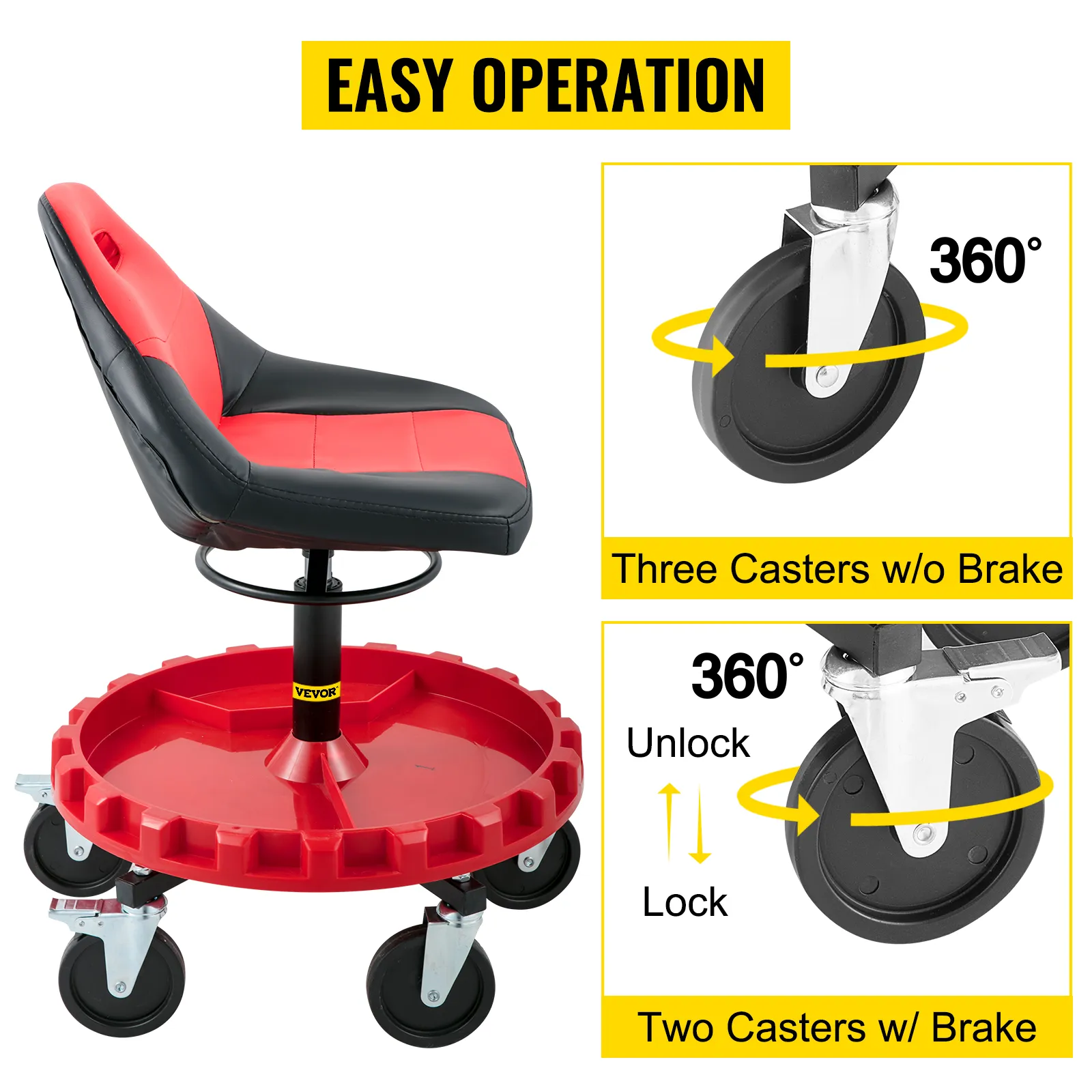 VEVOR rolling gear seat with three 360° casters and two locking casters for easy operation.