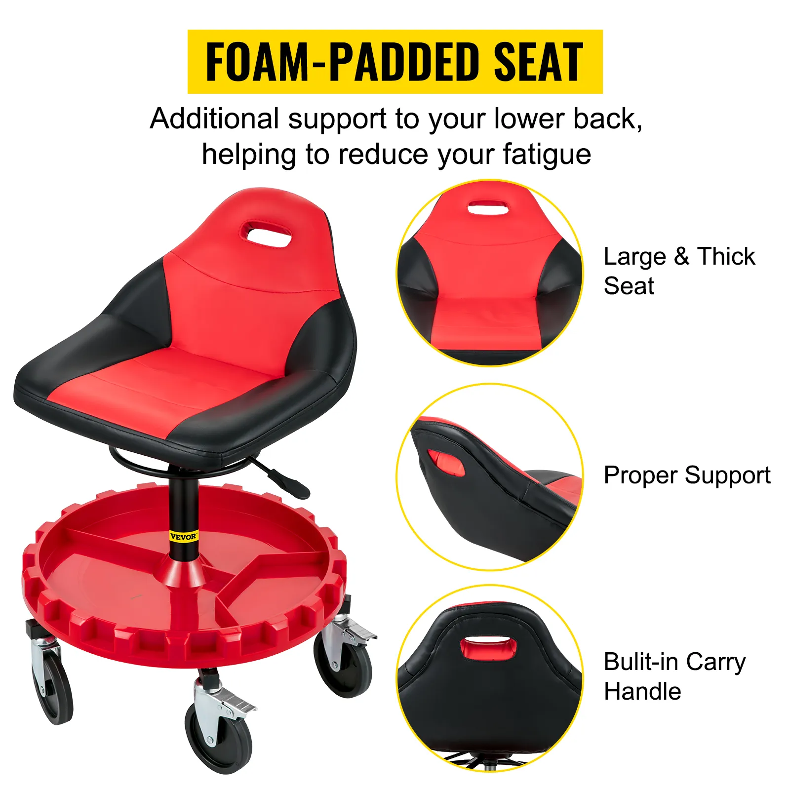 VEVOR rolling gear seat with foam-padded seat, large seat, support, carry handle.