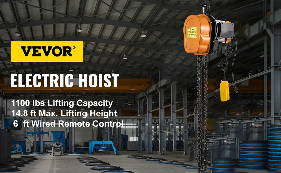 VEVOR electric chain hoist in an industrial warehouse, highlighting its features.