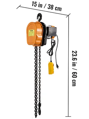 VEVOR electric chain hoist with 15 in width and 23.6 in height dimensions shown.