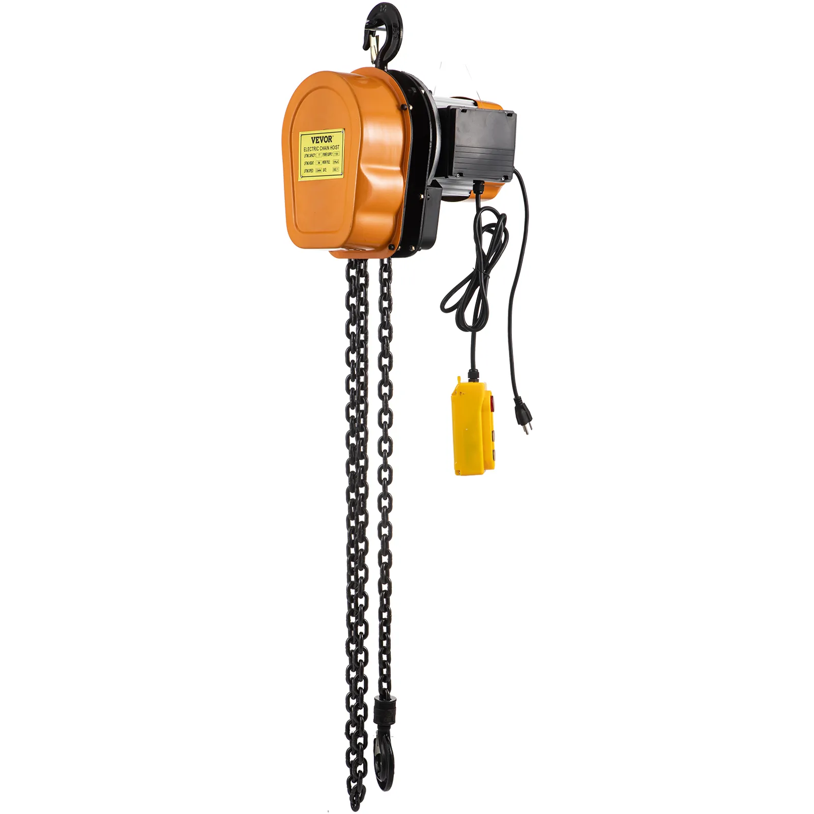 orange VEVOR electric chain hoist with black chain and yellow control pendant.