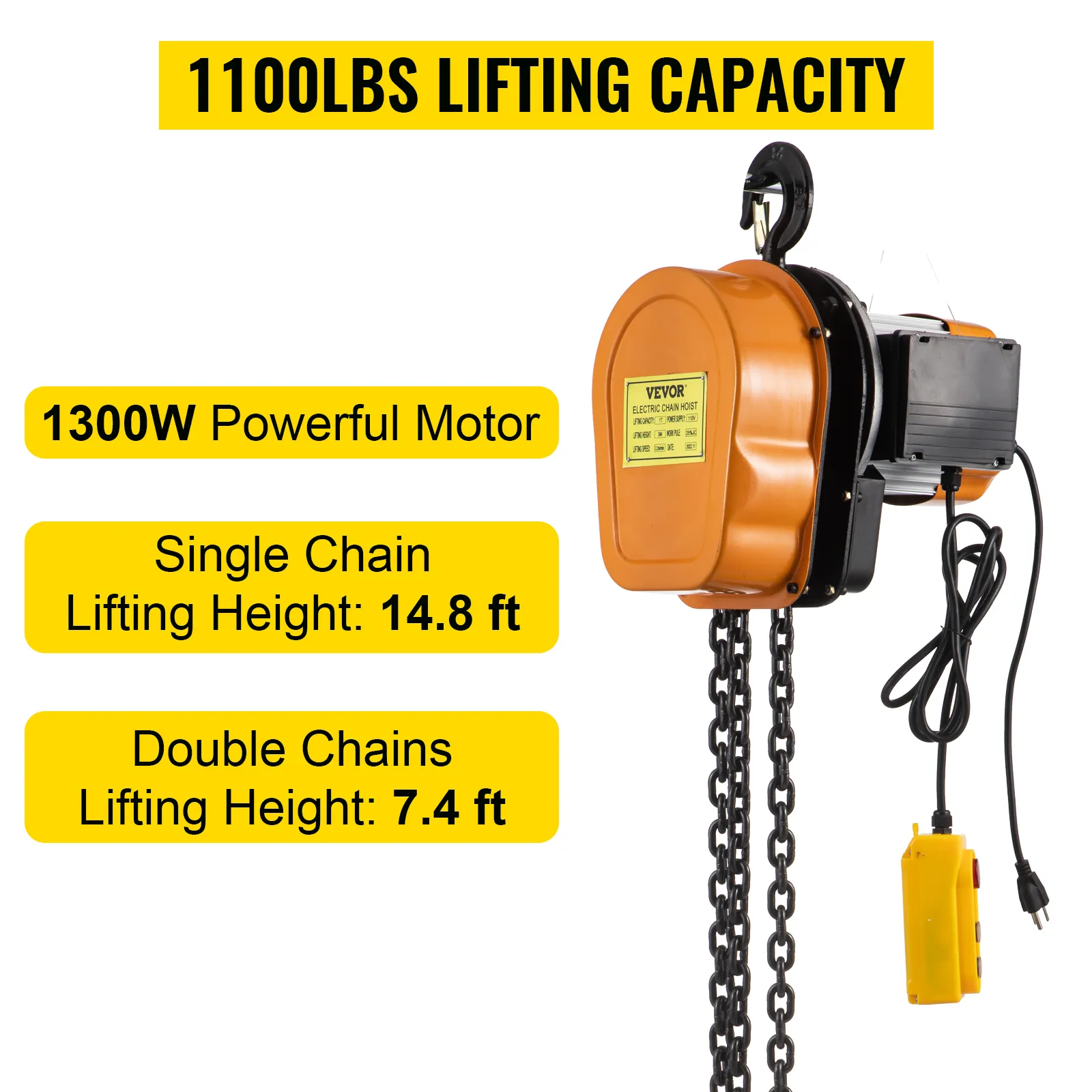 VEVOR electric chain hoist, 1300w motor, 1100lbs capacity, 14.8ft/7.4ft height.