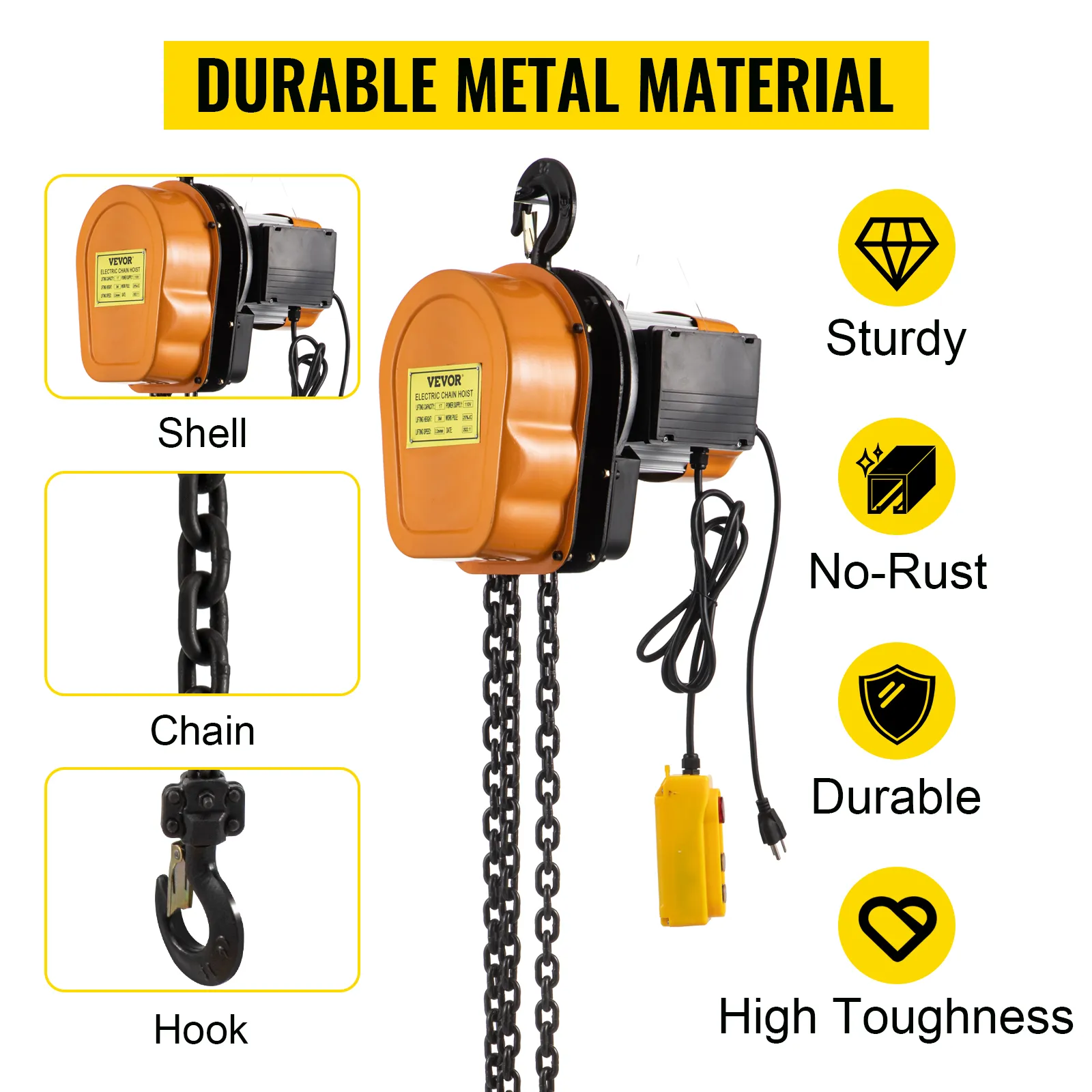 VEVOR electric chain hoist with durable metal shell, sturdy chain, and strong hook.