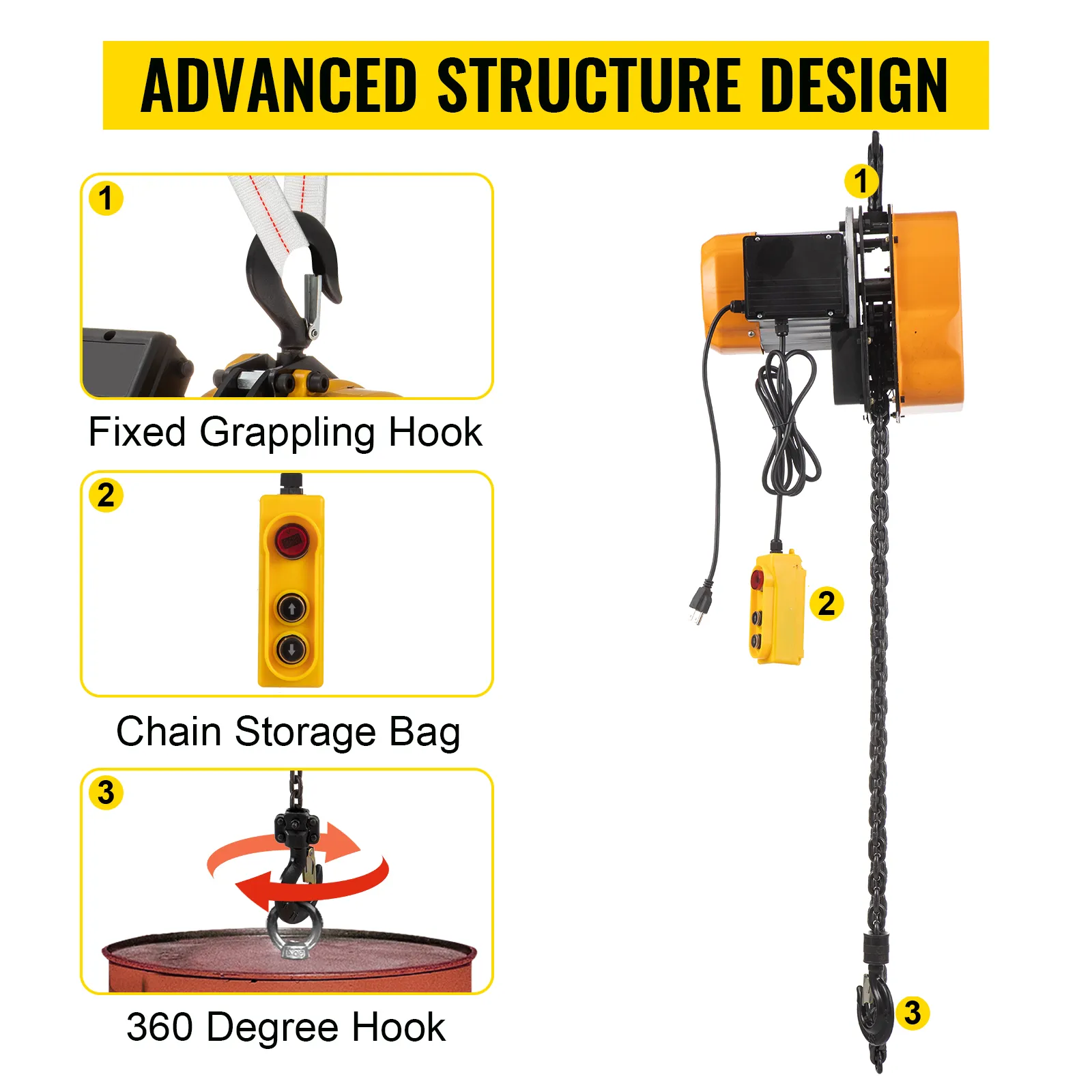 VEVOR electric chain hoist with fixed grappling hook and 360 degree hook.