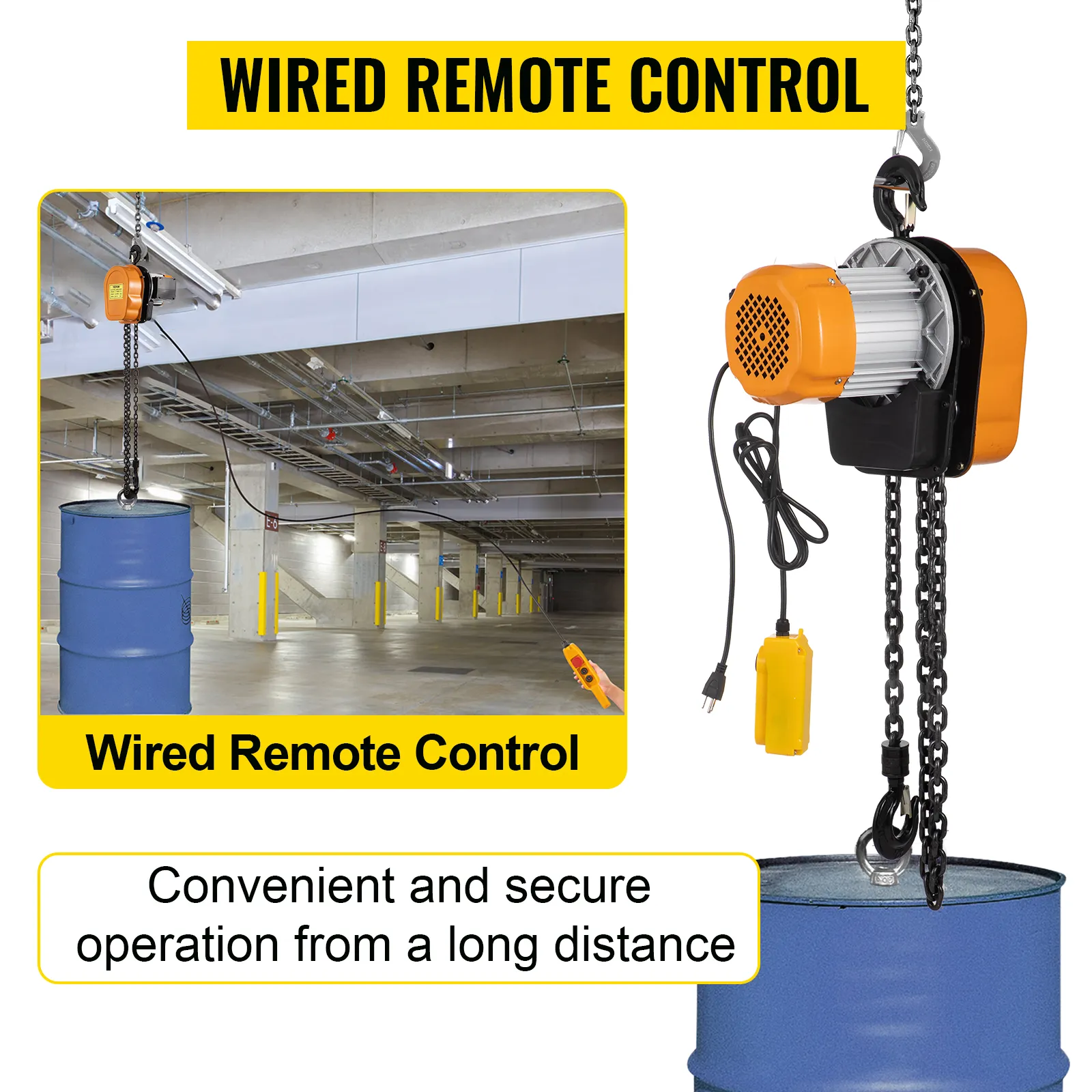 VEVOR electric chain hoist with wired remote lifting a blue barrel in a garage.