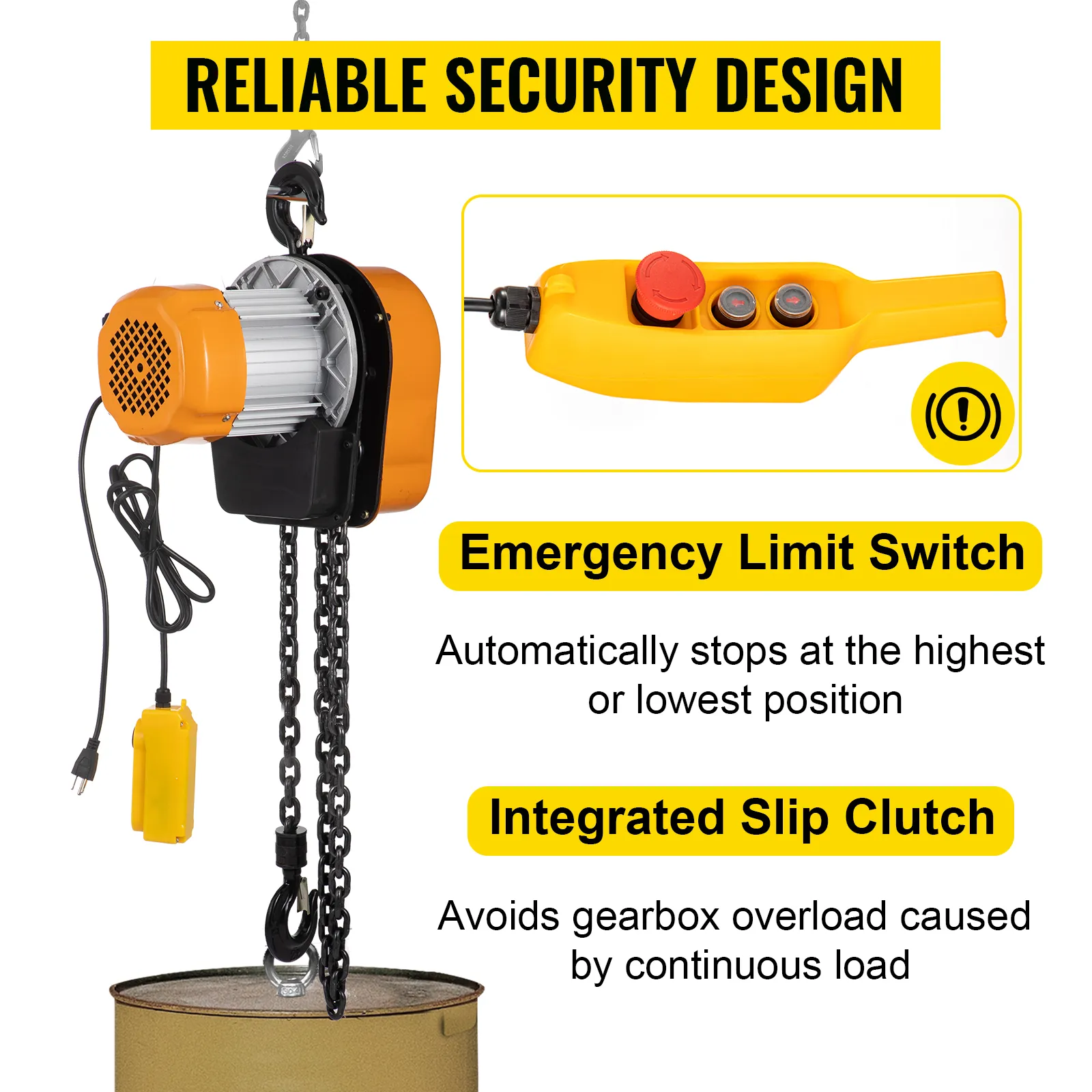 VEVOR electric chain hoist with emergency limit switch and integrated slip clutch.
